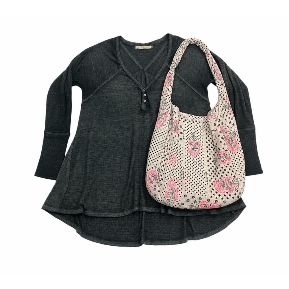 Free People Boho Bundle: Citrine Henley Tee M & Mixed Print Gauze Sling Tote Bag